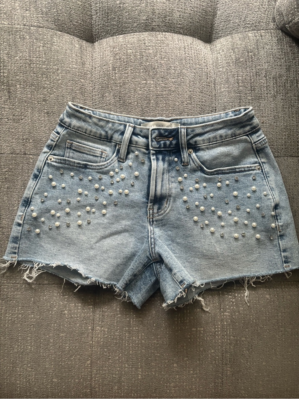 Altar'd State Light Blue Pearl-Embellished Denim Shorts